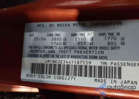 2004 Mazda Mazda3 S z USA, uszkodzony, nr VIN JM1BK323441187559